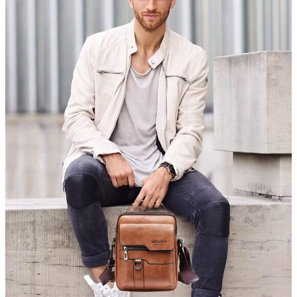 Zipper Buckle Leather Messenger Bag Vintage Handle Bags Red  💫 Men Brown Vintage Leather Zipper Buckle Handle Simple Portable Messenger Bags
